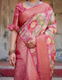 Graceful Peach and Pink Banarasi Silk Saree with Zari Weave and Tassels