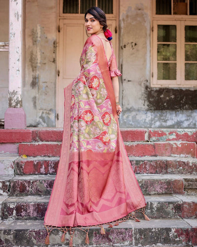 Graceful Peach and Pink Banarasi Silk Saree with Zari Weave and Tassels