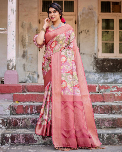 Graceful Peach and Pink Banarasi Silk Saree with Zari Weave and Tassels