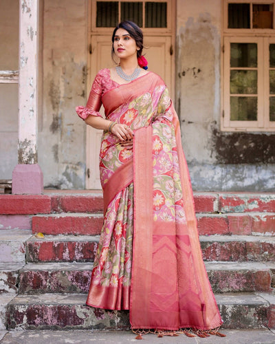 Graceful Peach and Pink Banarasi Silk Saree with Zari Weave and Tassels