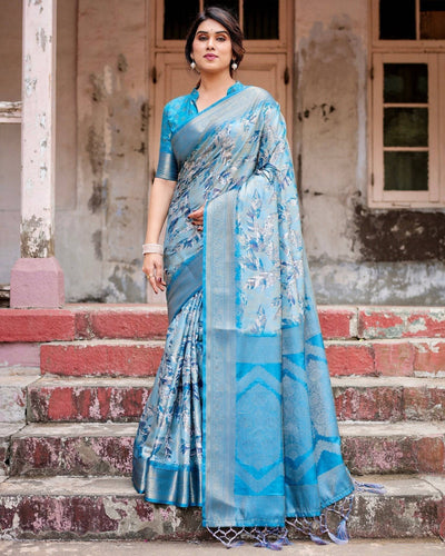 Aqua Blue Banarasi Silk Saree with Zari Border, Floral Motifs, and Tassels