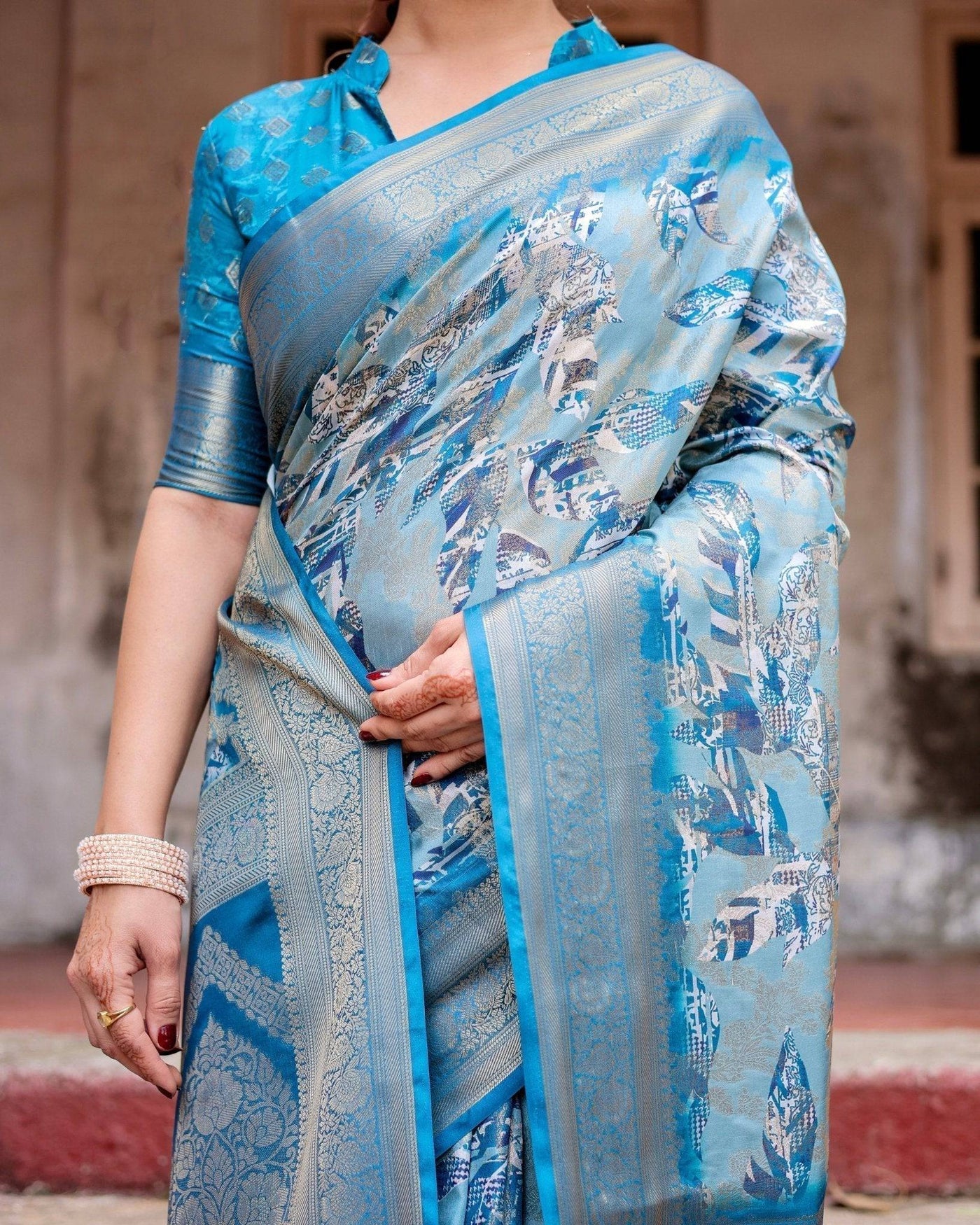 Pure Banarasi Silk Digitally Printed Saree Weaved With Golden Zari Comes With Tassels