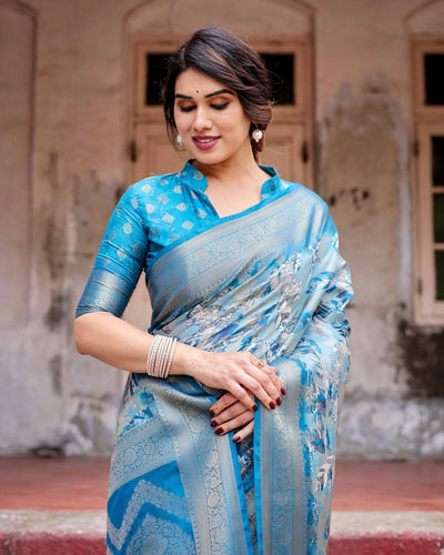 Pure Banarasi Silk Digitally Printed Saree Weaved With Golden Zari Comes With Tassels