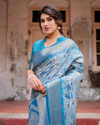 Pure Banarasi Silk Digitally Printed Saree Weaved With Golden Zari Comes With Tassels