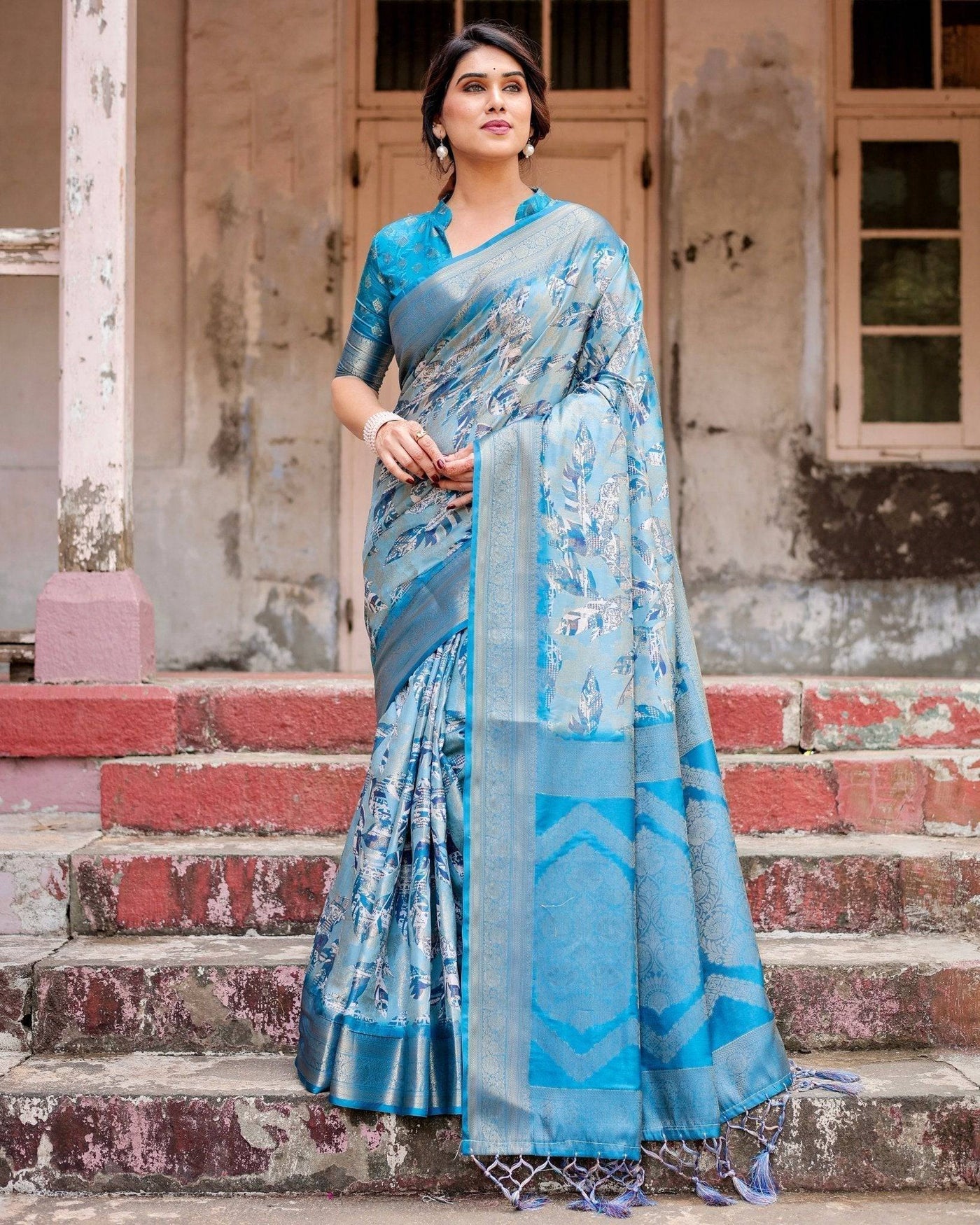 Pure Banarasi Silk Digitally Printed Saree Weaved With Golden Zari Comes With Tassels