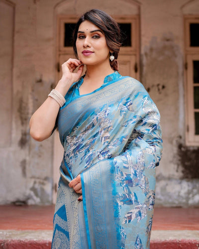 Pure Banarasi Silk Digitally Printed Saree Weaved With Golden Zari Comes With Tassels