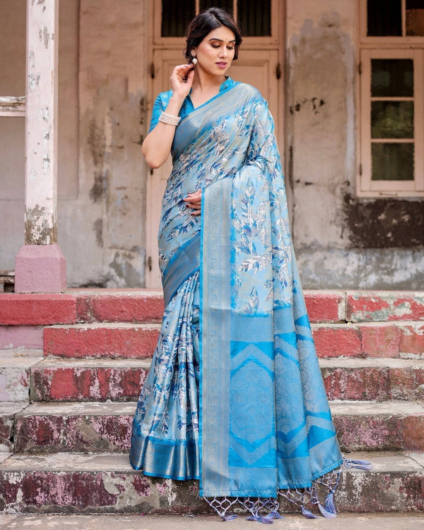 Pure Banarasi Silk Digitally Printed Saree Weaved With Golden Zari Comes With Tassels