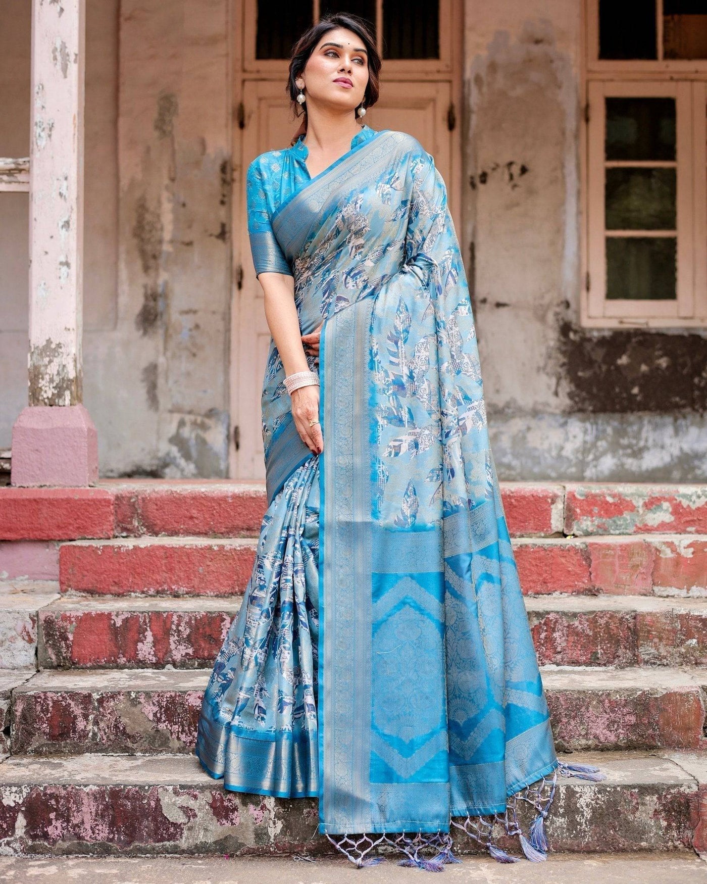 Pure Banarasi Silk Digitally Printed Saree Weaved With Golden Zari Comes With Tassels