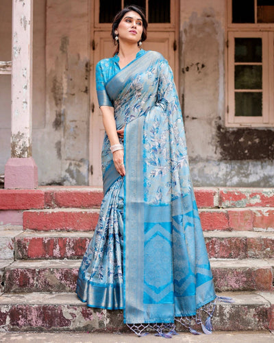 Aqua Blue Banarasi Silk Saree with Zari Border, Floral Motifs, and Tassels