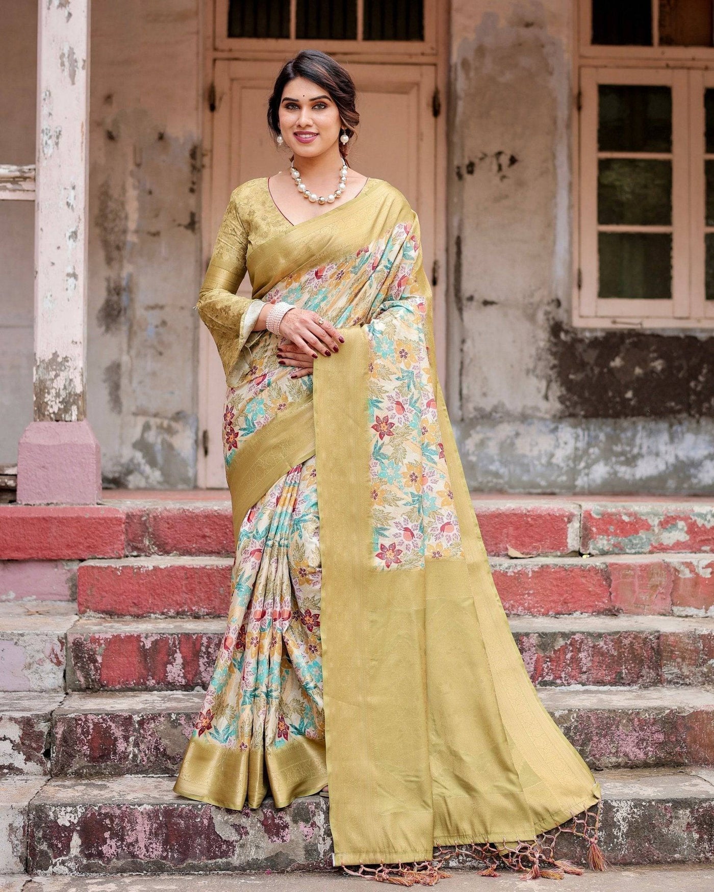 Pure Banarasi Silk Saree Weaved With Golden Zari Comes With Tassels