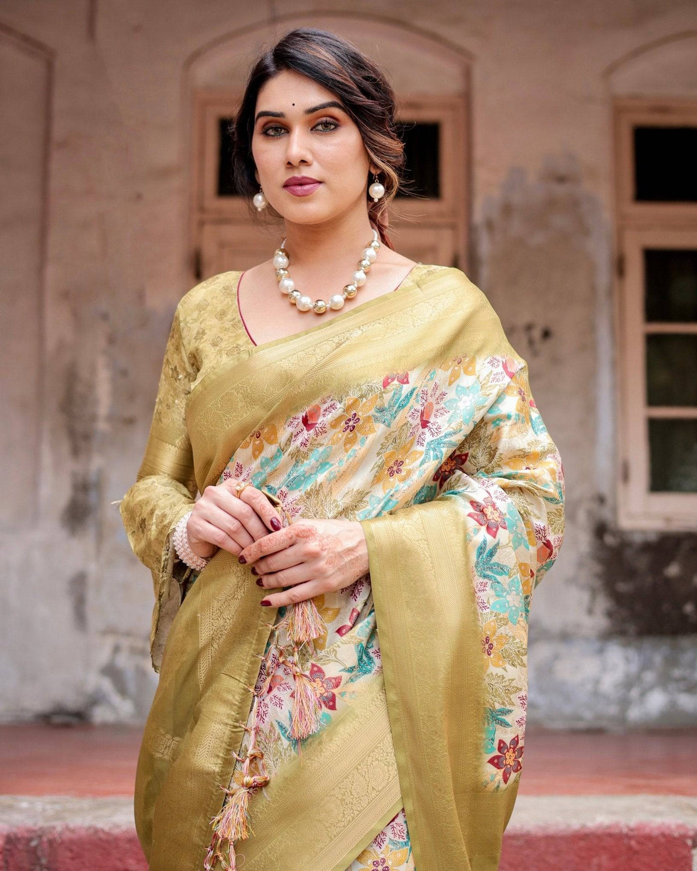 Golden Yellow Banarasi Silk Saree with Multicolor Floral Print and Zari Border