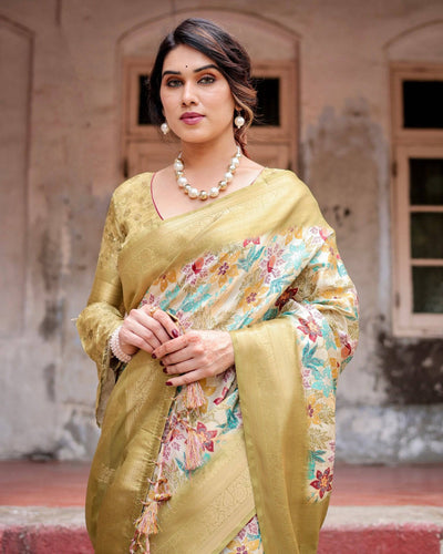 Pure Banarasi Silk Saree Weaved With Golden Zari Comes With Tassels