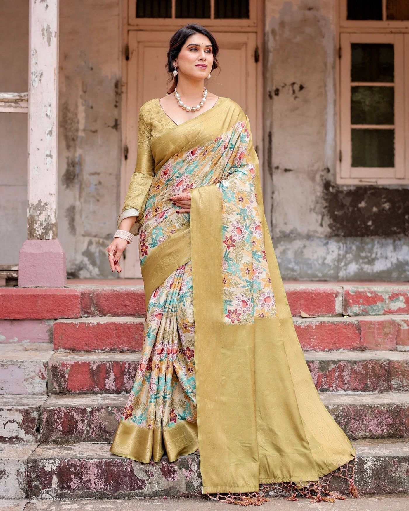 Pure Banarasi Silk Saree Weaved With Golden Zari Comes With Tassels