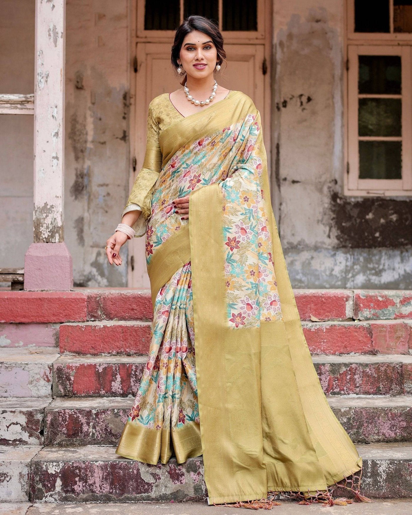 Golden Yellow Banarasi Silk Saree with Multicolor Floral Print and Zari Border