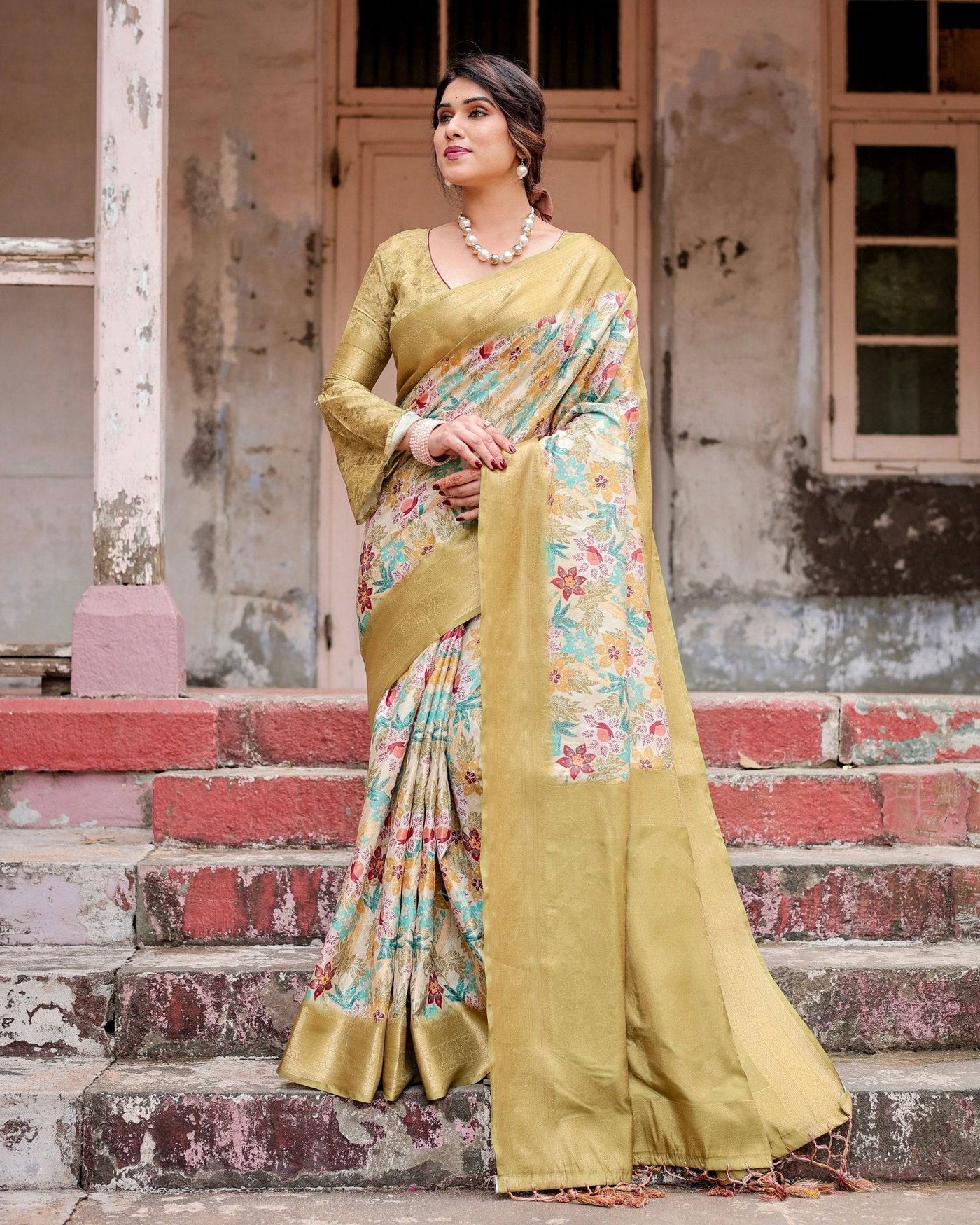 Golden Yellow Banarasi Silk Saree with Multicolor Floral Print and Zari Border