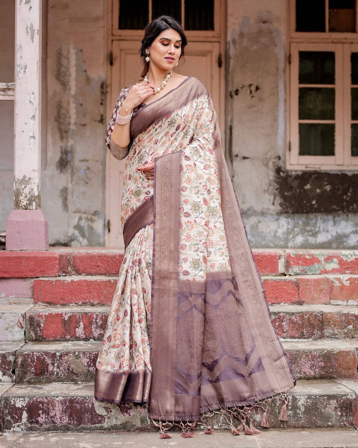 Ivory Banarasi Silk Saree with Plum Zari Border, Floral Print, and Tassels