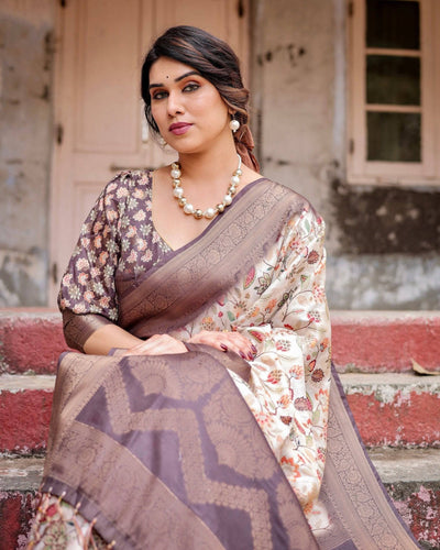 Ivory Banarasi Silk Saree with Plum Zari Border, Floral Print, and Tassels