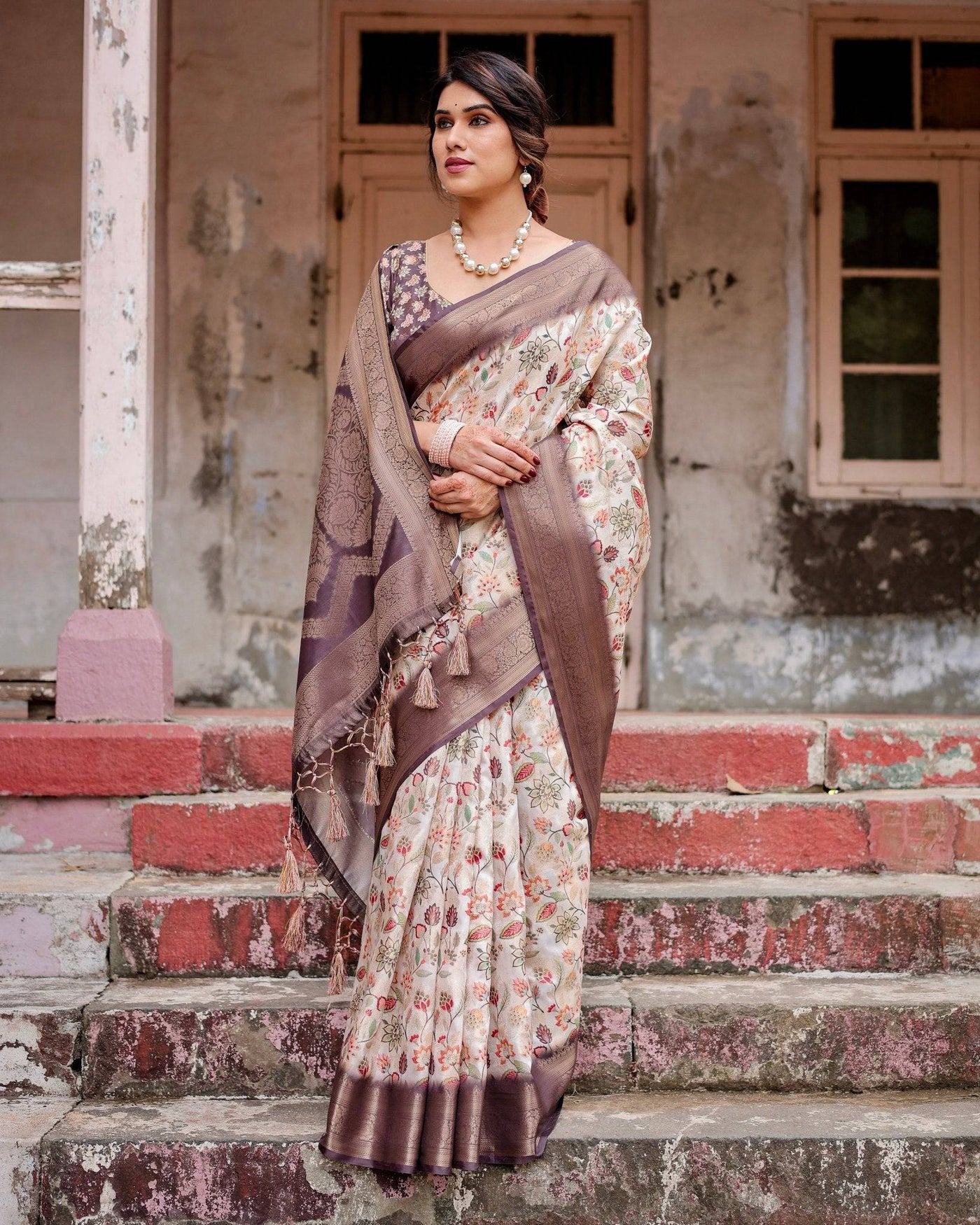 Ivory Banarasi Silk Saree with Plum Zari Border, Floral Print, and Tassels