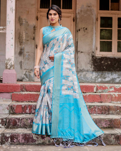 Sky Blue Banarasi Silk Saree with Paisley Digital Print, Zari Border & Tassel Details