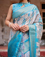 Sky Blue Banarasi Silk Saree with Paisley Digital Print, Zari Border & Tassel Details