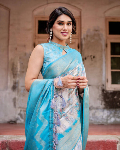 Sky Blue Banarasi Silk Saree with Paisley Digital Print, Zari Border & Tassel Details