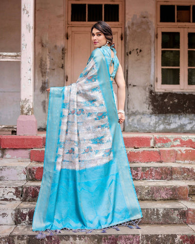 Sky Blue Banarasi Silk Saree with Paisley Digital Print, Zari Border & Tassel Details