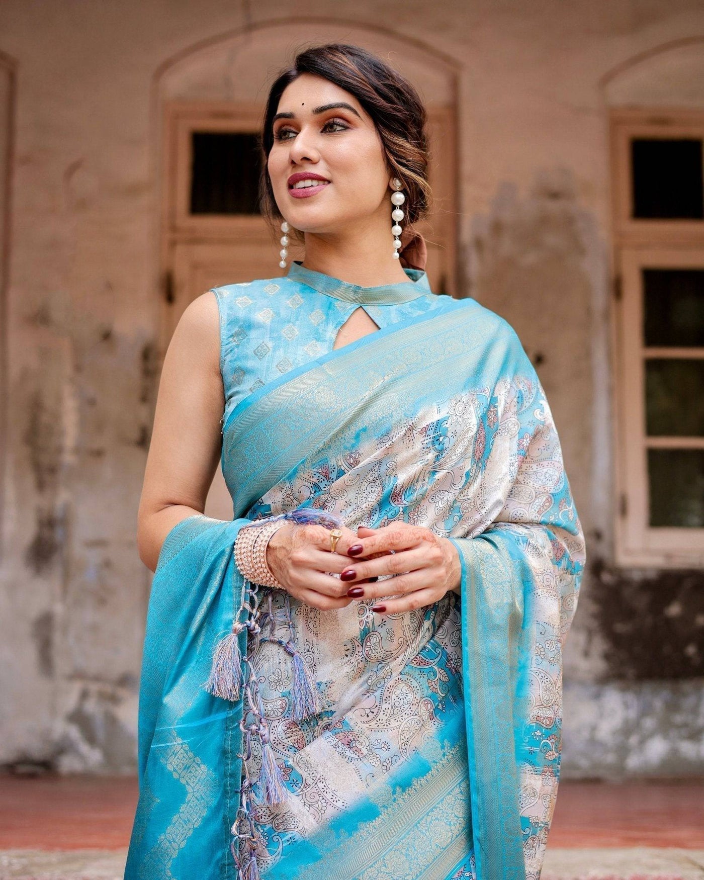 Pure Banarasi Silk Saree Weaved With Golden Zari Comes With Tassels