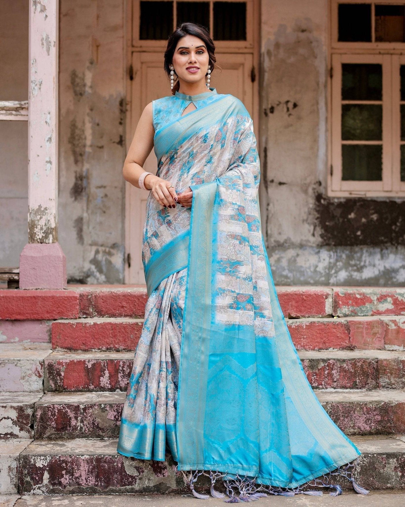 Sky Blue Banarasi Silk Saree with Paisley Digital Print, Zari Border & Tassel Details