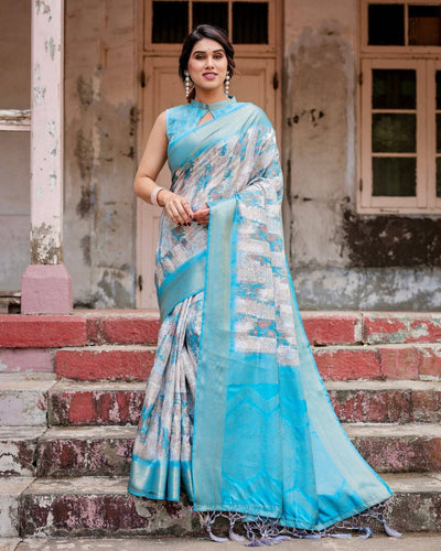 Sky Blue Banarasi Silk Saree with Paisley Digital Print, Zari Border & Tassel Details