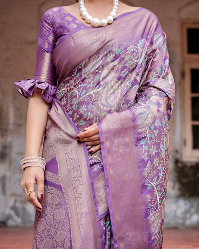 Lavender Banarasi Silk Saree with Intricate Zari Weaving, Tassel Accents, and Designer Floral Pallu