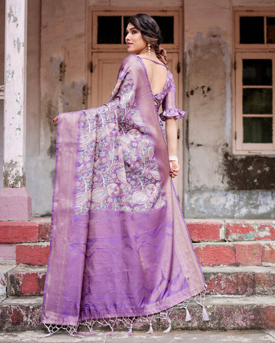 Lavender Banarasi Silk Saree with Intricate Zari Weaving, Tassel Accents, and Designer Floral Pallu