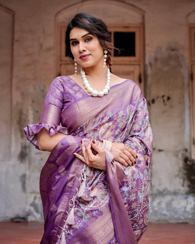 Lavender Banarasi Silk Saree with Intricate Zari Weaving, Tassel Accents, and Designer Floral Pallu