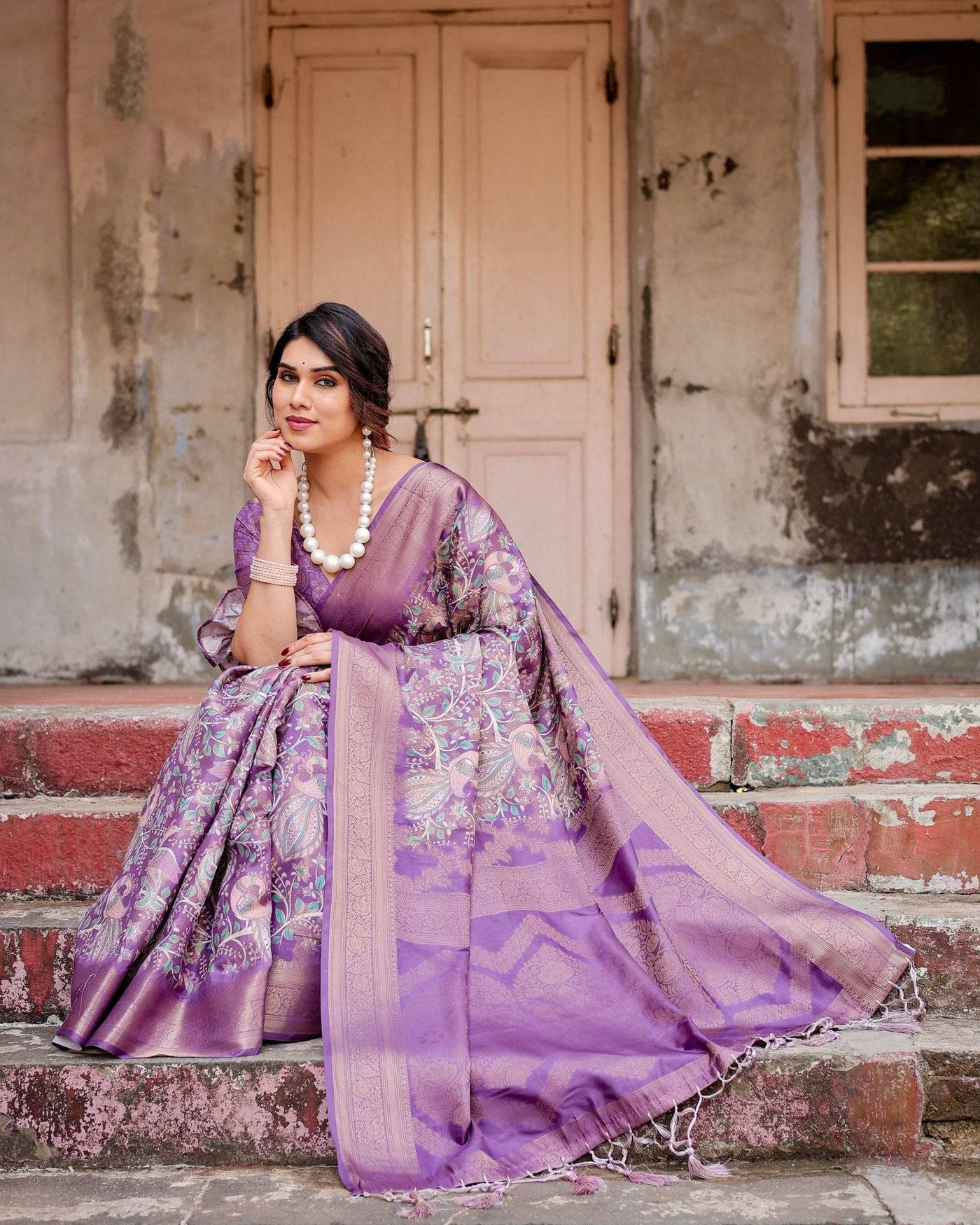 Lavender Banarasi Silk Saree with Intricate Zari Weaving, Tassel Accents, and Designer Floral Pallu