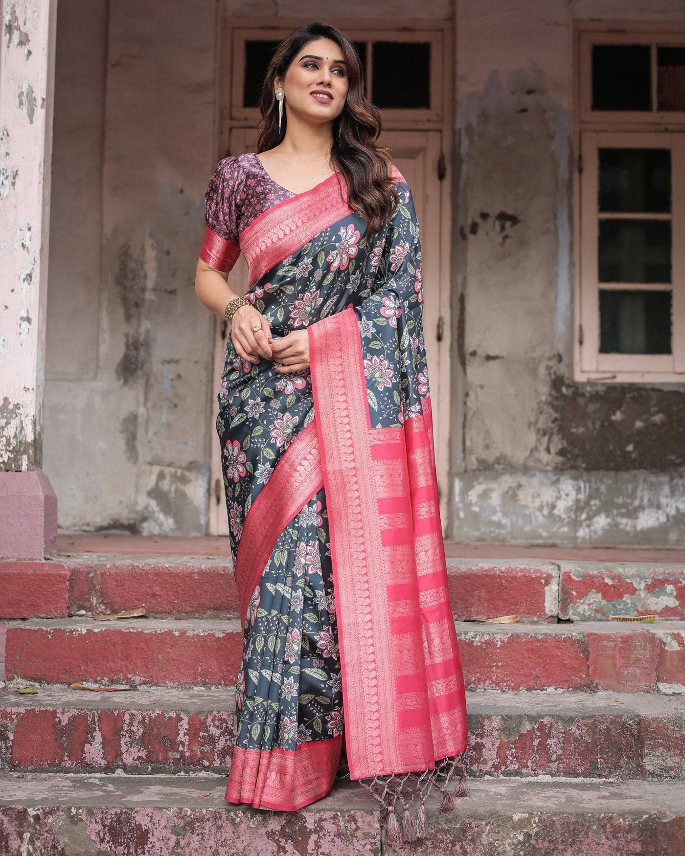 Pure Banarasi Digitally Printed Silk Saree Weaved With Zari Comes With Tassels