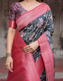 Floral Navy Banarasi Silk Saree with Bright Pink Zari Border and Tassels