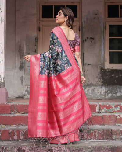 Floral Navy Banarasi Silk Saree with Bright Pink Zari Border and Tassels