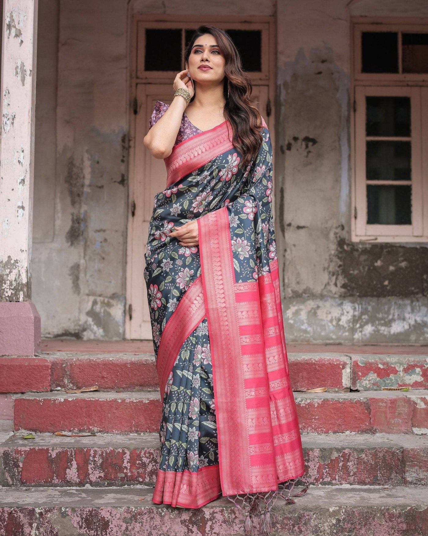 Floral Navy Banarasi Silk Saree with Bright Pink Zari Border and Tassels