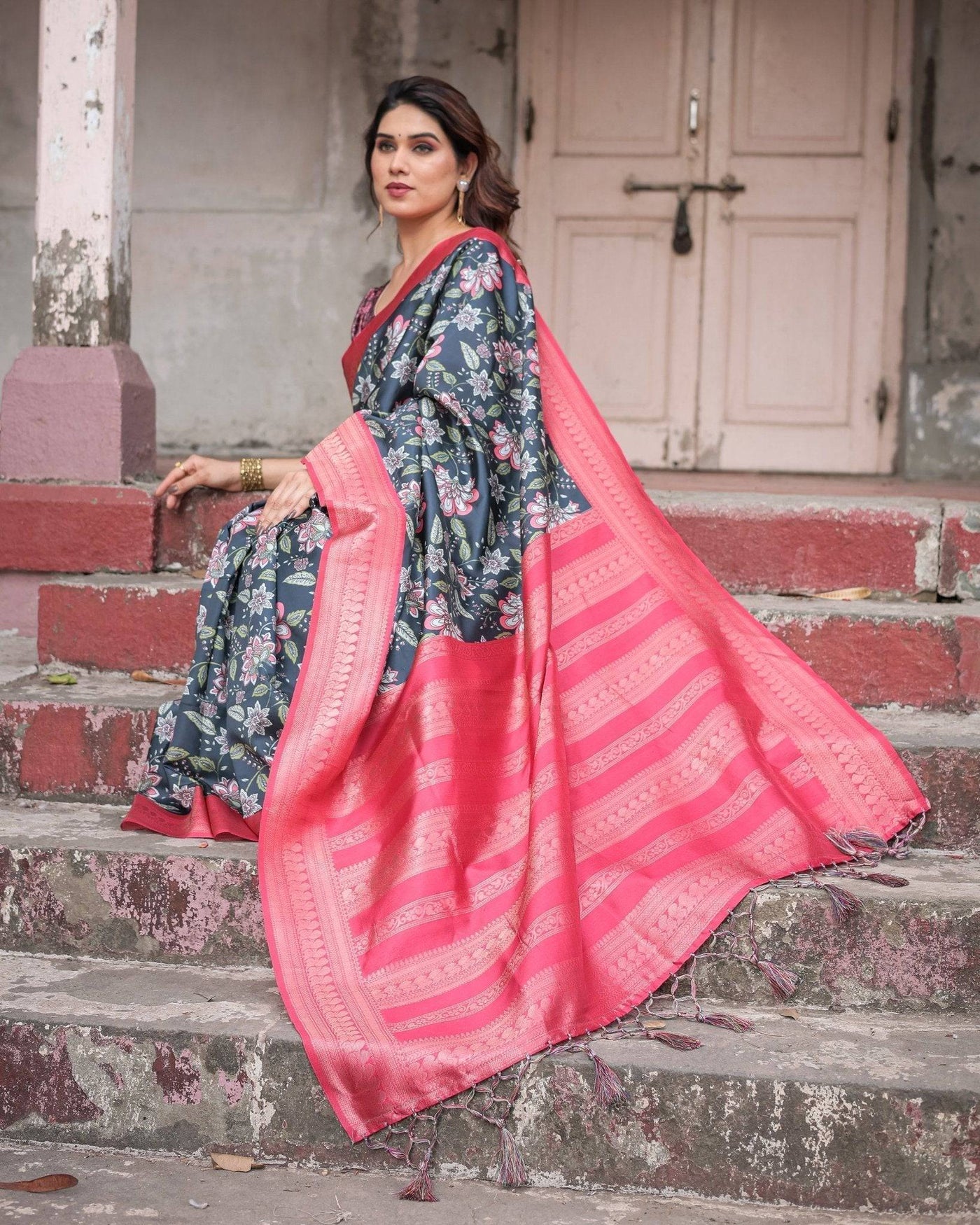 Floral Navy Banarasi Silk Saree with Bright Pink Zari Border and Tassels