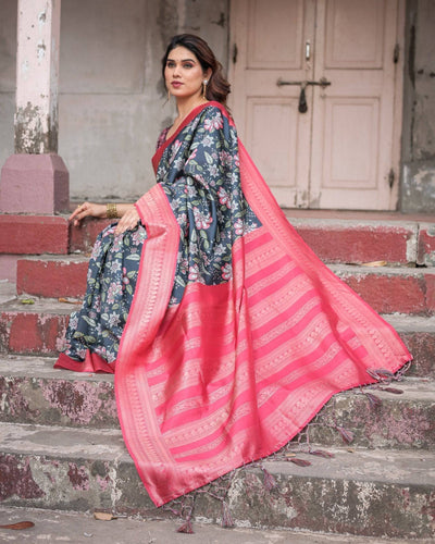 Pure Banarasi Digitally Printed Silk Saree Weaved With Zari Comes With Tassels