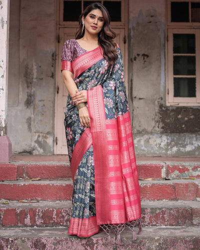 Pure Banarasi Digitally Printed Silk Saree Weaved With Zari Comes With Tassels