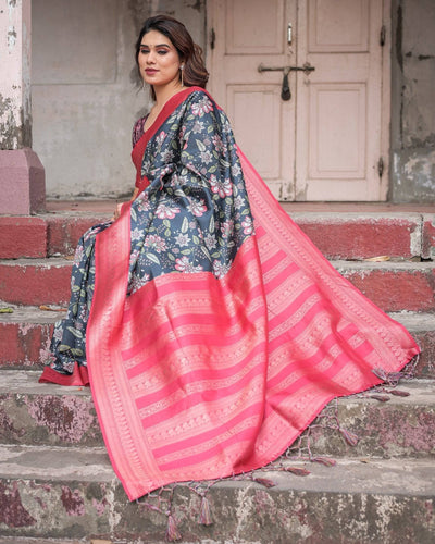 Pure Banarasi Digitally Printed Silk Saree Weaved With Zari Comes With Tassels