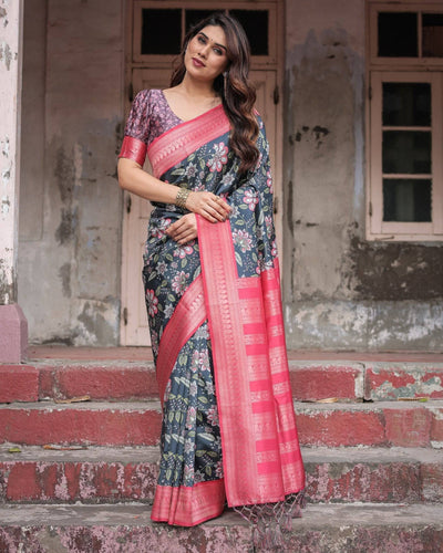 Floral Navy Banarasi Silk Saree with Bright Pink Zari Border and Tassels