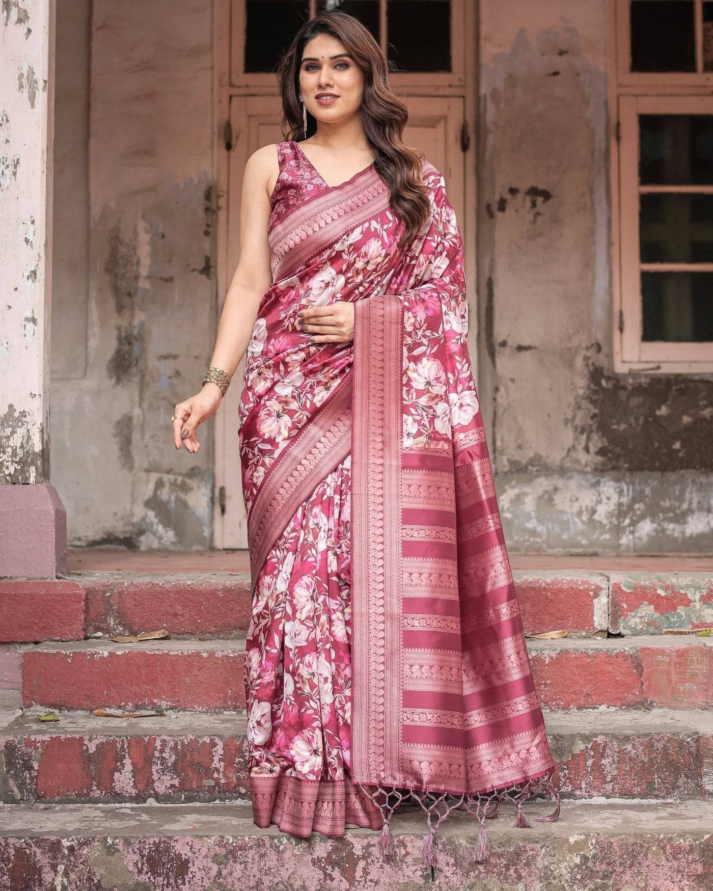 Pure Banarasi Digitally Printed Silk Saree Weaved With Zari Comes With Tassels