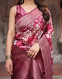 Maroon Banarasi Silk Saree with Bold Floral Digital Print & Rich Zari Border