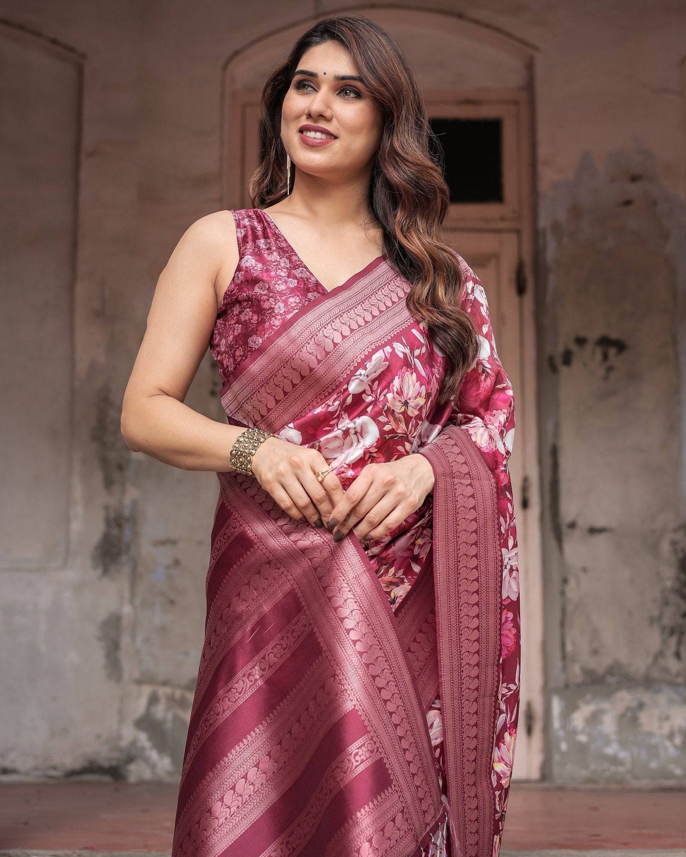 Pure Banarasi Digitally Printed Silk Saree Weaved With Zari Comes With Tassels