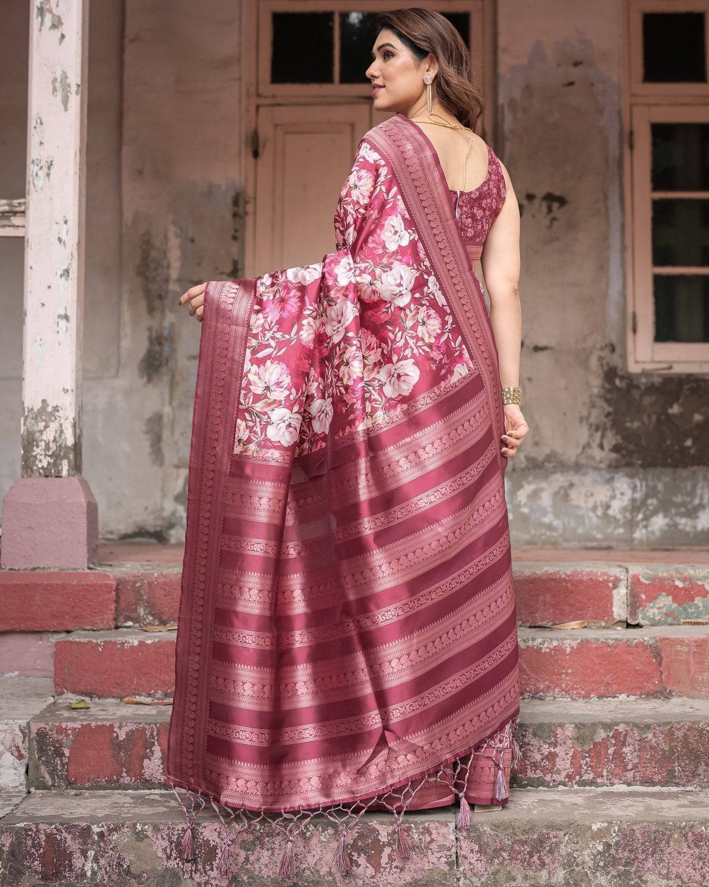 Pure Banarasi Digitally Printed Silk Saree Weaved With Zari Comes With Tassels