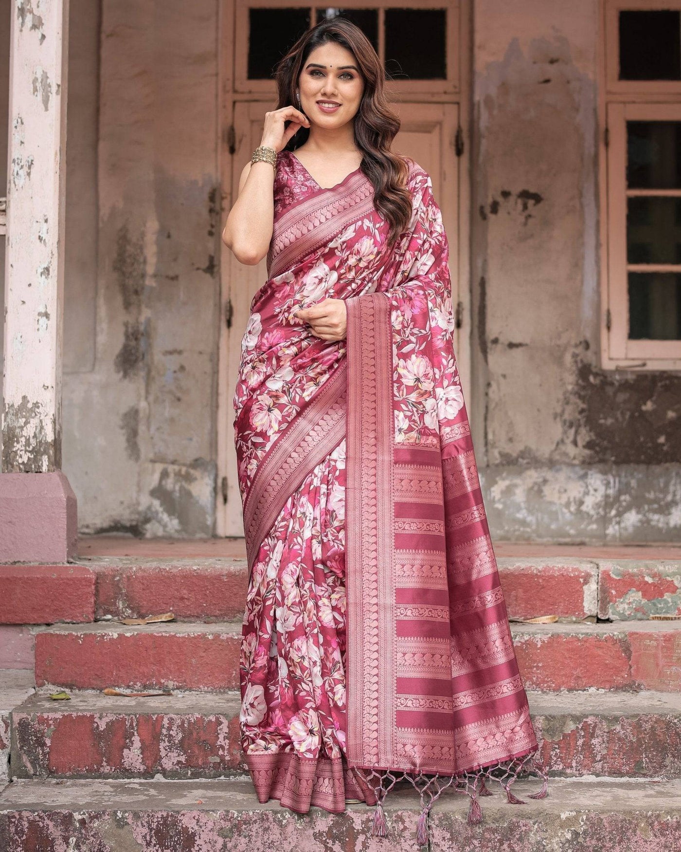 Pure Banarasi Digitally Printed Silk Saree Weaved With Zari Comes With Tassels