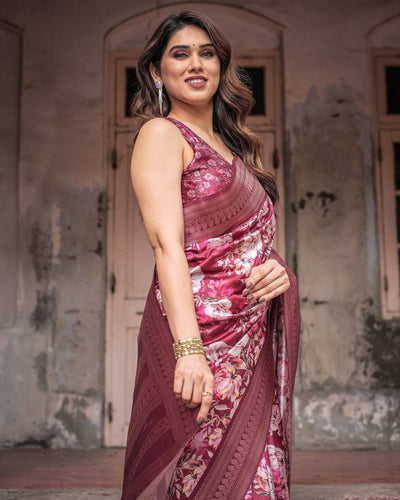 Maroon Banarasi Silk Saree with Bold Floral Digital Print & Rich Zari Border