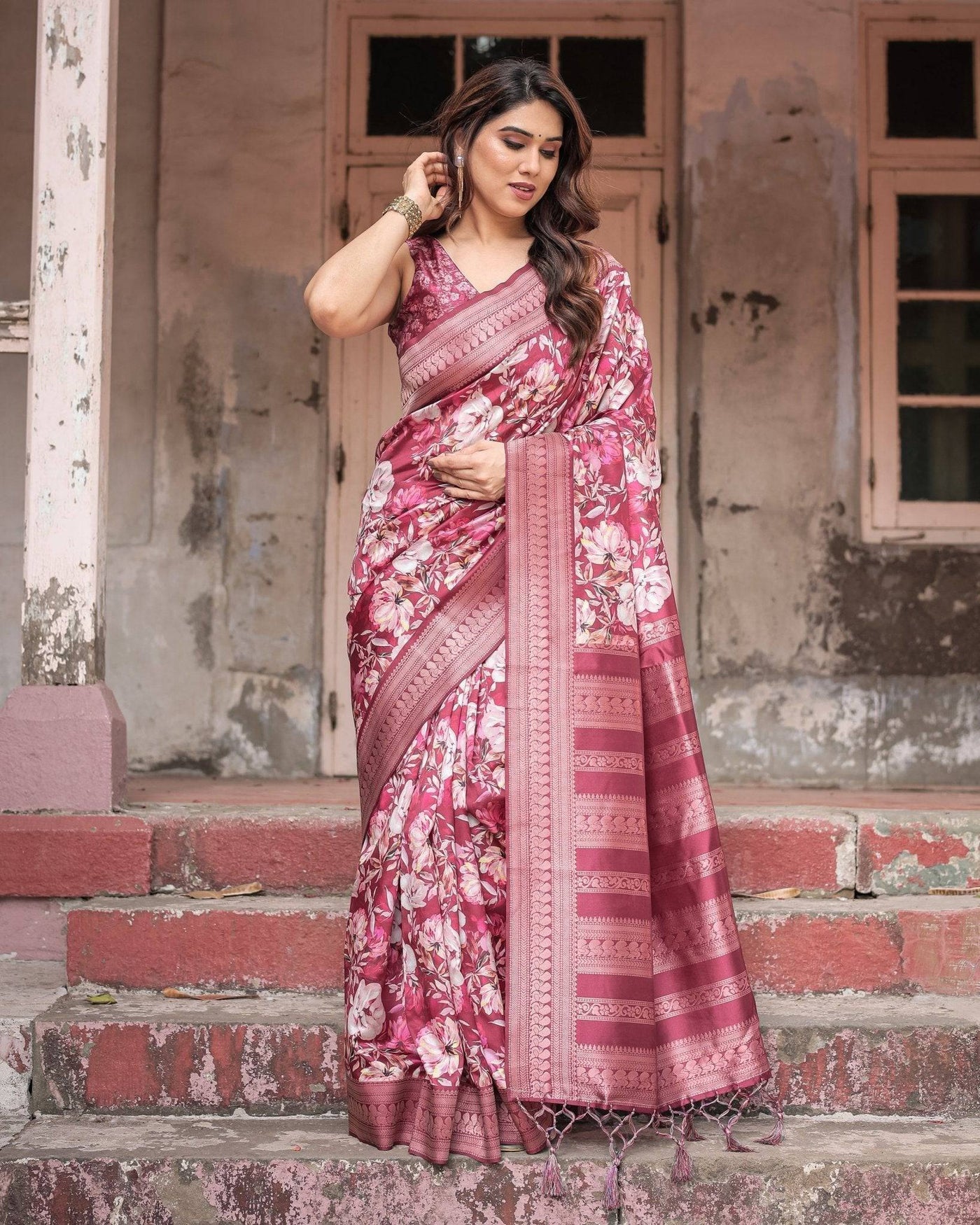 Pure Banarasi Digitally Printed Silk Saree Weaved With Zari Comes With Tassels