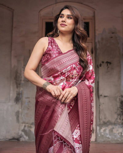 Maroon Banarasi Silk Saree with Bold Floral Digital Print & Rich Zari Border